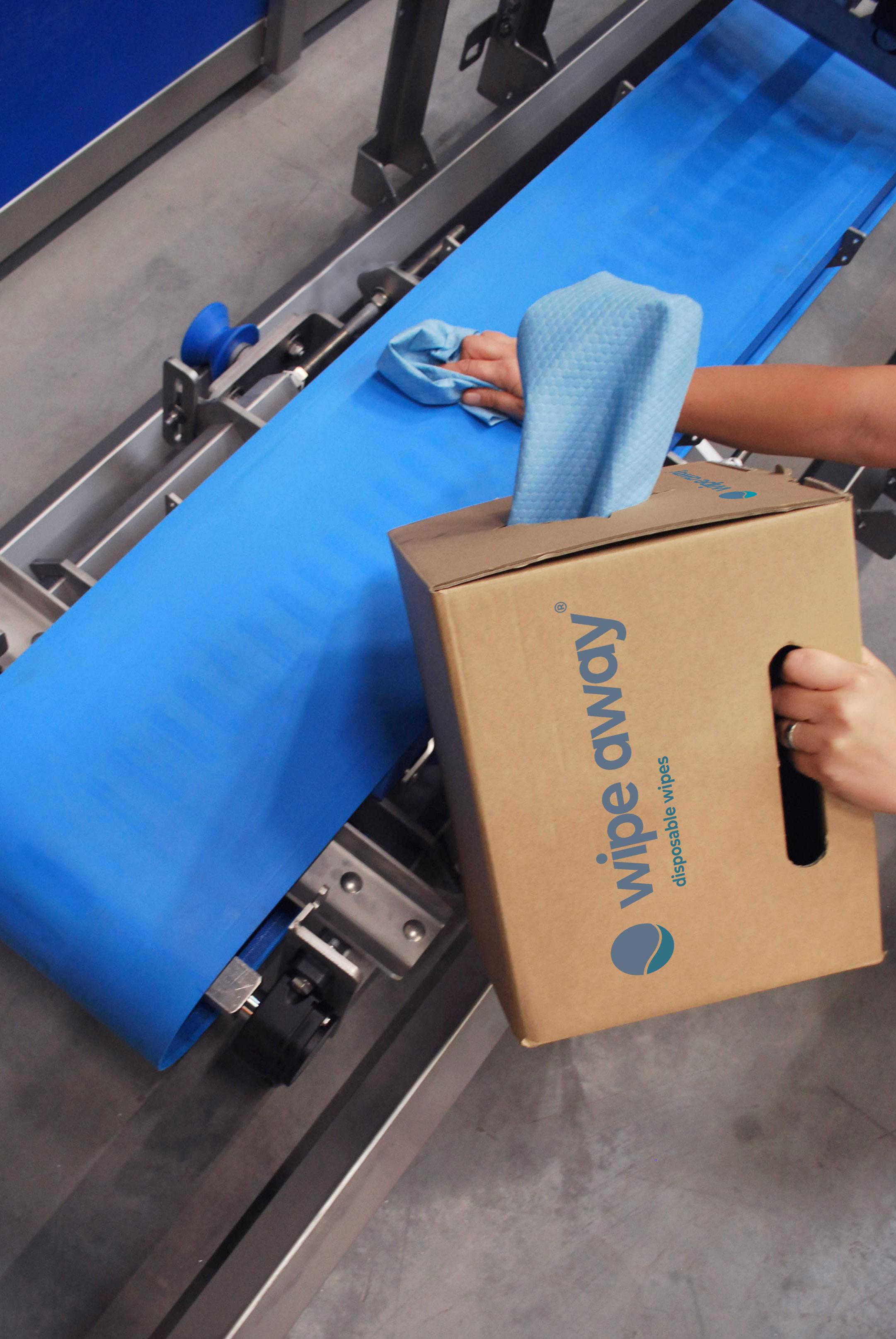 Disposable non-woven wipes to clean conveyor belt from Wipe Away